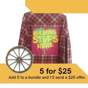 Custom upcycled “Anti Bullying” western style plaid shirt.